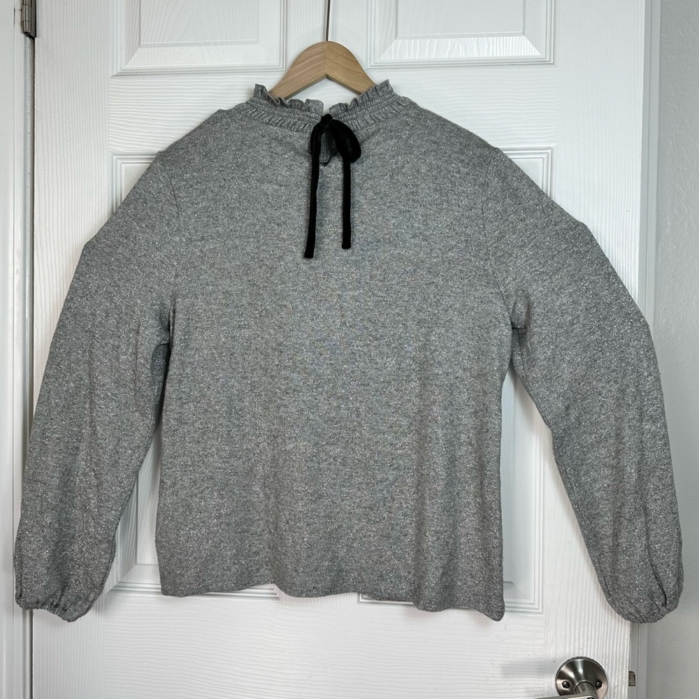 Talbots Gray Metallic Ruffle Neck Sweater L Long Sleeve Velvet Bow Back Holiday - Picture 5 of 12